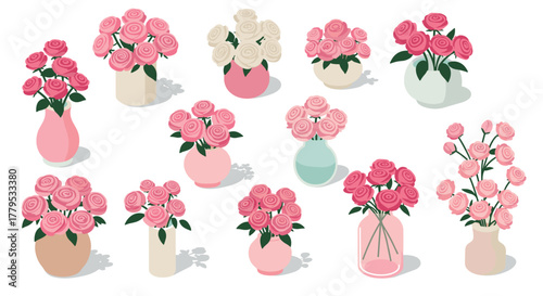 Elegant floral arrangements in vases with pink and white roses on a white background