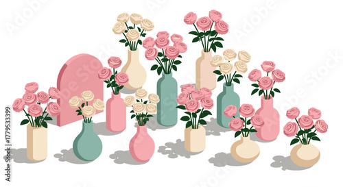 Colorful isometric rose arrangements in vases on white background