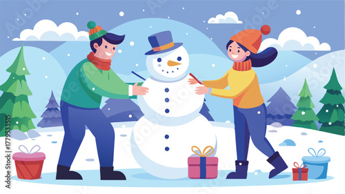 Happy family building a snowman together in a snowy winter landscape, Cherished moments of winter fun and festive holiday spirit