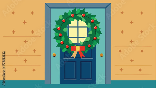 Festive Christmas Wreath Hanging on a Blue Front Door, Welcoming holiday spirit and seasonal cheer