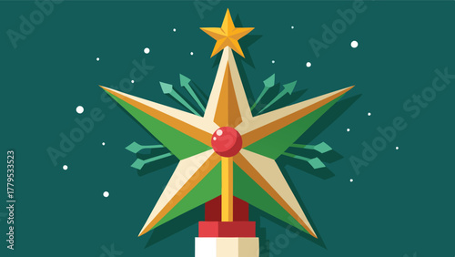 Flat design Christmas tree topper star illustration with radiating rays, A radiant symbol of festive achievement and holiday spirit
