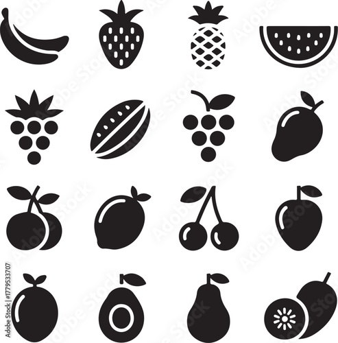 Apple pear banana strawberry grape orange fruit glyph icons vector