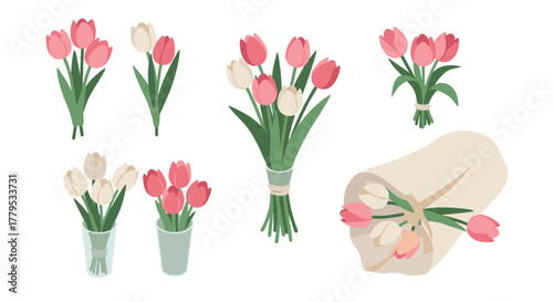 Colorful tulip arrangements in flat design with bouquets and floral decor