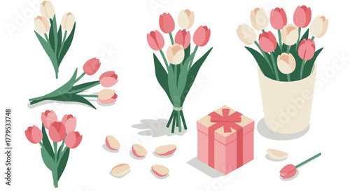 Isometric tulip arrangements and gift box with soft pastel colors