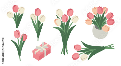 Colorful tulip bouquet and gift box arrangement in isometric style
