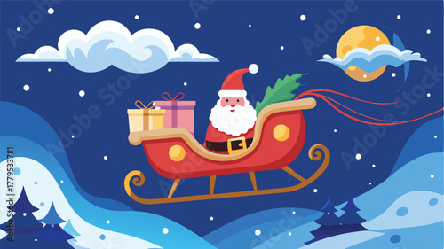 Santa Claus flying in his sleigh with presents against a starry night sky, full moon, Delivering festive cheer and magic on Christmas Eve, a joyous holiday illustration