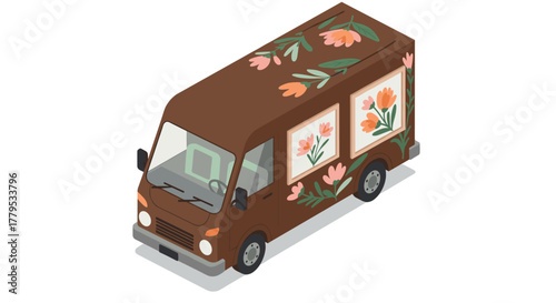Isometric floral decorated delivery truck in brown