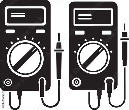Two black digital multimeters with probes in a clean silhouette style