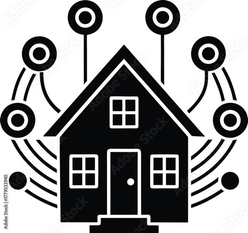 Smart home system connection network in black silhouette on transparent background