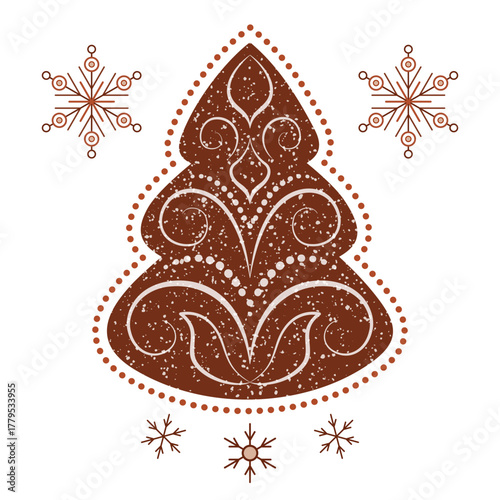Brown gingerbread Christmas trees with snowflakes. Cute winter holiday design element on white background. Brown fir tree with white curls. Warm christmas holiday decor