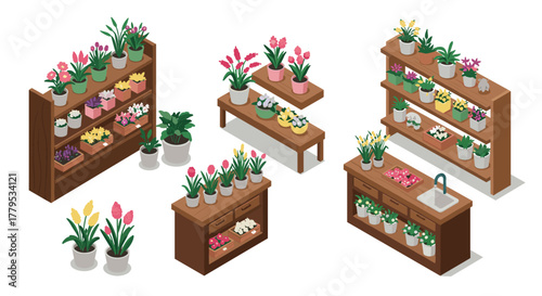 Charming isometric indoor garden arrangement with shelves and colorful flowers