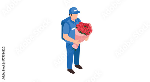 Delivery person in uniform carrying flowers in isometric style