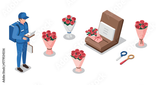 Isometric flower delivery service with courier and bouquets