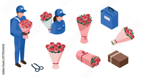 Isometric flower delivery service concept with roses and packages