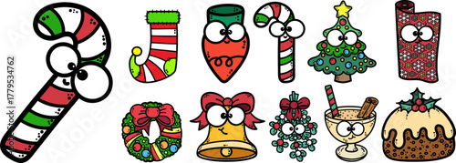 Wacky Big-Eyed Christmas Doodle Elements Set