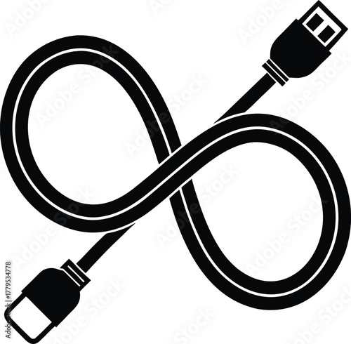 Usb cable in infinity shape vector sign. Universal serial bus cord