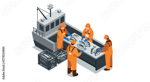 Fishermen sorting fresh catch on boat in isometric art
