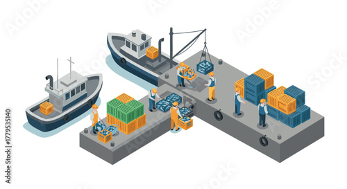 Isometric dockside scene with workers and cargo ships in action