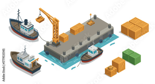 Isometric shipping port with cargo ships and crates
