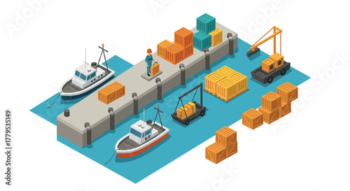 Isometric port scene with cargo ships and crates on a dock