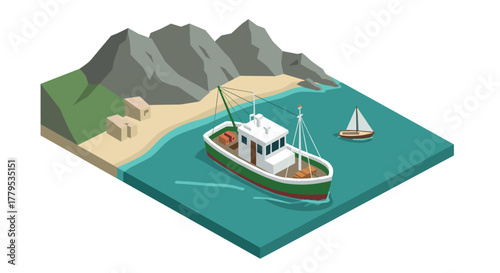 Isometric fishing boat scene near rocky coastal island with sailboat