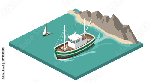 Isometric view of fishing boat and sailboat in coastal waters with rocky shoreline