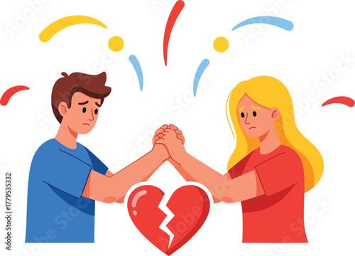 Couple Holds Hands Over Broken Heart Illustration