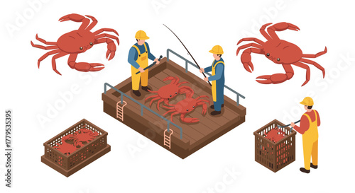 Isometric crab fishing workers in action on dock with baskets and tools