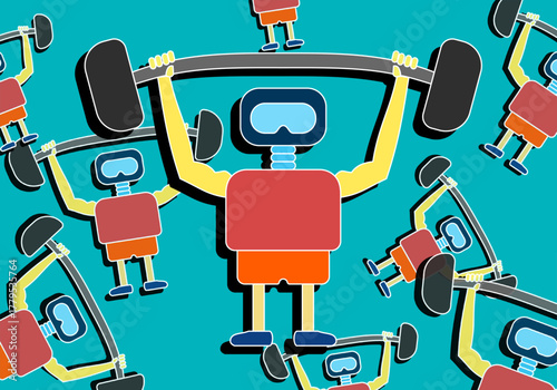 Foto Flat design illustration of a powerful robot weightlifter doing a clean and jerk with barbells