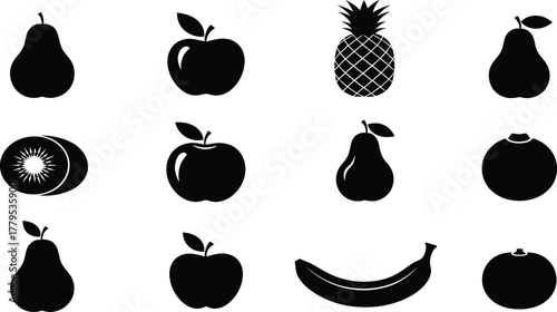 Black silhouette vector icon set of various fresh fruits, including pineapple, apple, banana, kiwi, pear, and berries for healthy food and diet design projects.