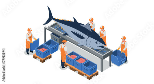 Isometric tuna processing scene with workers handling seafood