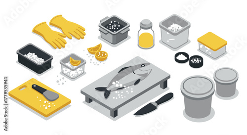Isometric kitchen tools and ingredients for seafood preparation