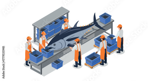 Workers processing tuna fish on an assembly line in a seafood factory