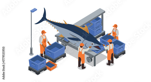 Isometric fish processing scene with workers handling large tuna