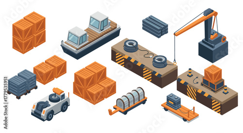 Isometric warehouse with crane, cargo containers, and pallets for logistics