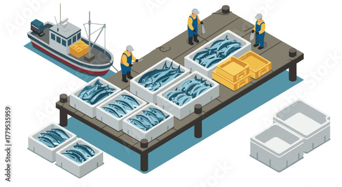 Isometric fishing dock scene with workers and fresh fish in crates for commercial seafood supply