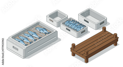 Isometric fish market scene with wooden table and storage containers