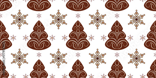 Gingerbread Christmas trees with snowflakes. Cozy winter holiday seamless pattern on white background. Brown fir tree with white curls. Warm christmas holiday decor