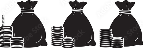 Three black sacks of money and stacks of coins silhouette