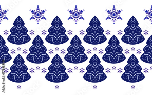 Blue Christmas trees and snowflakes. Cozy winter holiday seamless border pattern on white background. Winter cold forest. Classic christmas holiday decor