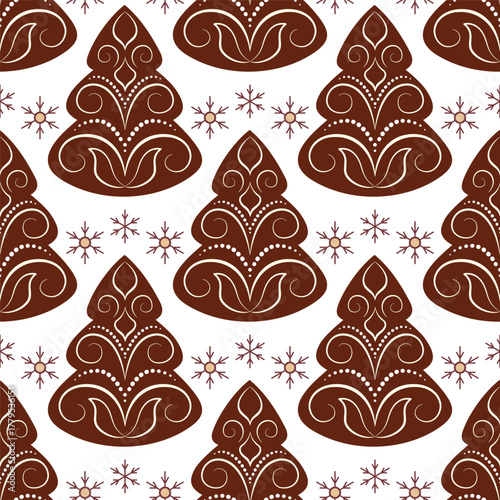 Sweet winter holiday seamless pattern on white background. Brown gingerbread Christmas trees with snowflake decor. Brown fir tree with white curls. Warm christmas holiday decor