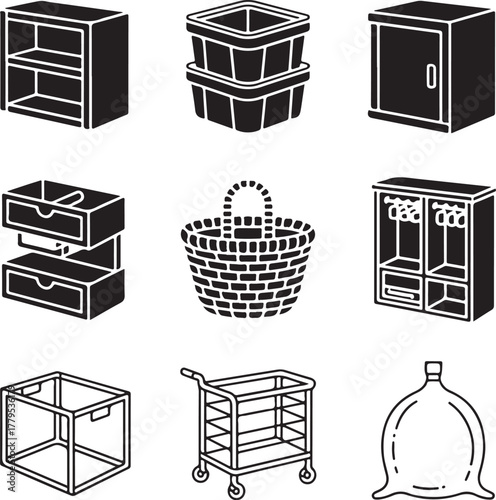 Nine Detailed Home Storage Solutions with Transparent Background organization containers