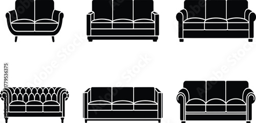 Set of six diverse sofa icons and couches, black silhouette vector graphics, representing various furniture styles for interior design and home decor projects.