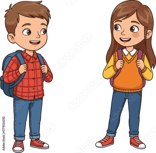 Happy cartoon boy and girl students with backpacks standing and smiling, ready to learn, perfect for back to school and education design.