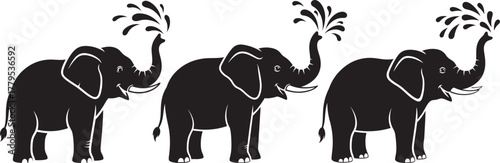 Three elephants spraying water joyfully in a stylized silhouette