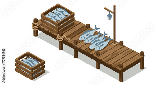 Wooden dock with fish crates and hanging scale in isometric style