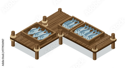 Isometric wooden dock with fresh fish in crates on white background