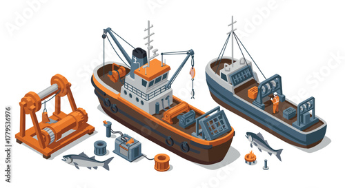 Isometric fishing vessels and equipment with detailed industrial design