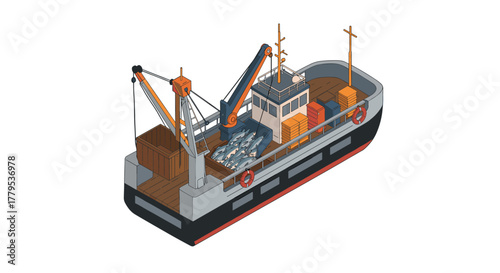 Isometric fishing trawler with cranes and cargo on deck
