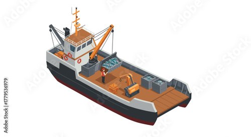 Isometric fishing boat with cargo and crane on deck